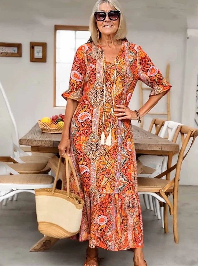 Carolette - Boho Drawstring Neck Maxi Dress