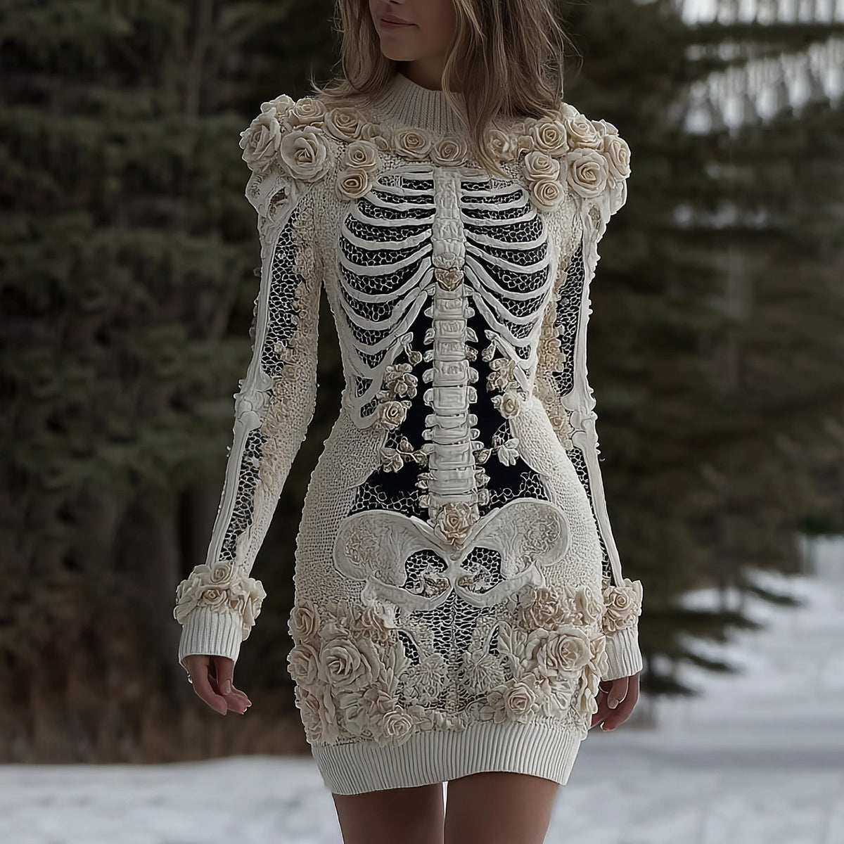 Women's Halloween Skeleton Bones With Rose Artcozy Knit Mini Sweater Dress
