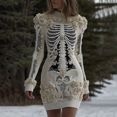 Women's Halloween Skeleton Bones With Rose Artcozy Knit Mini Sweater Dress
