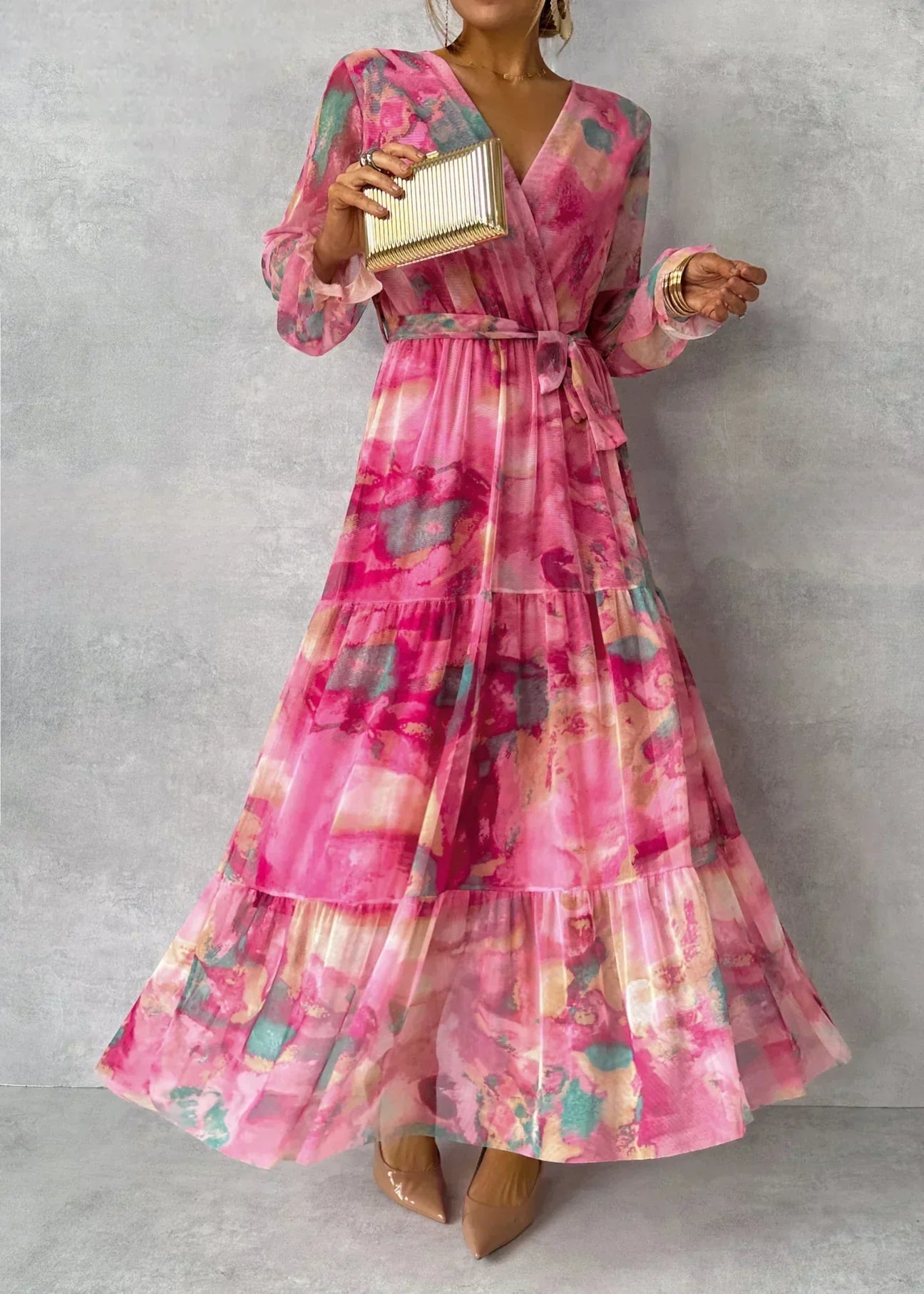 Amber - Floral Print Wrap Maxi Dress with Long Sleeves