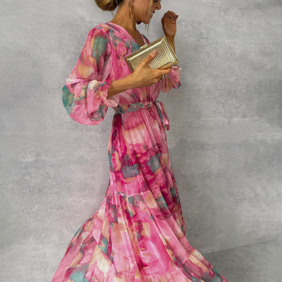 Amber - Floral Print Wrap Maxi Dress with Long Sleeves