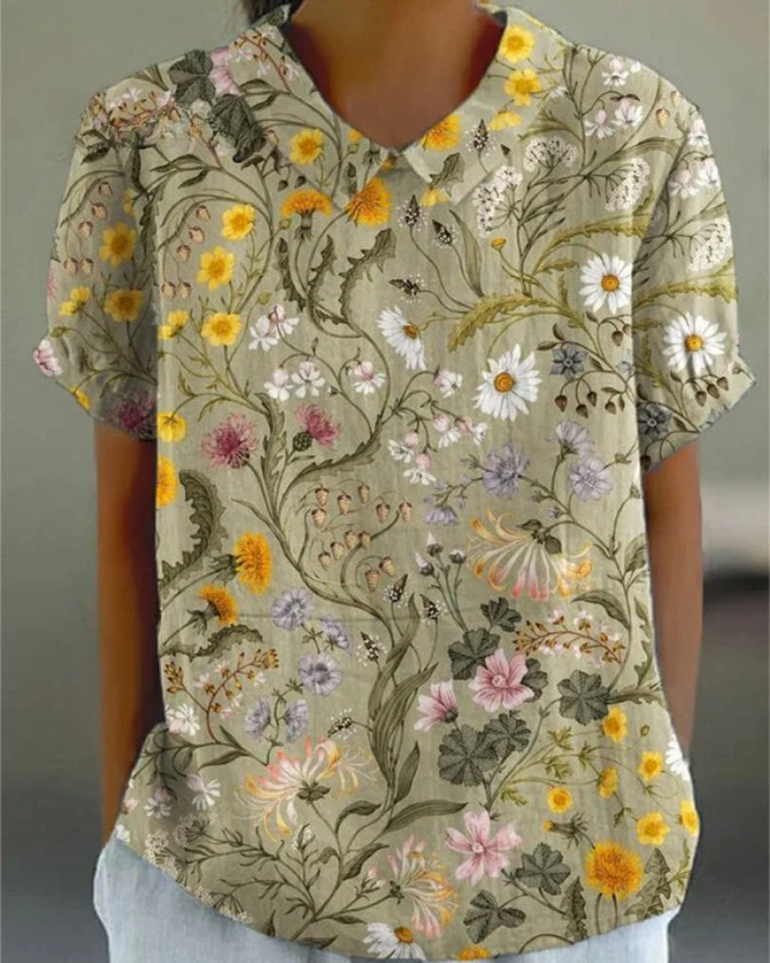Beatrix - Retro Floral Cotton-Linen Shirt