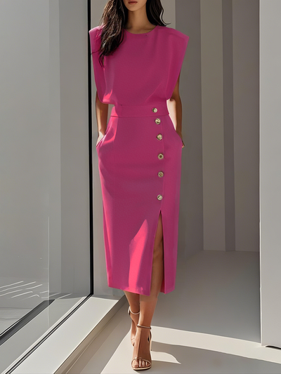 Malene™ | Solid Midi Dress with Button Slit and Round Neckline