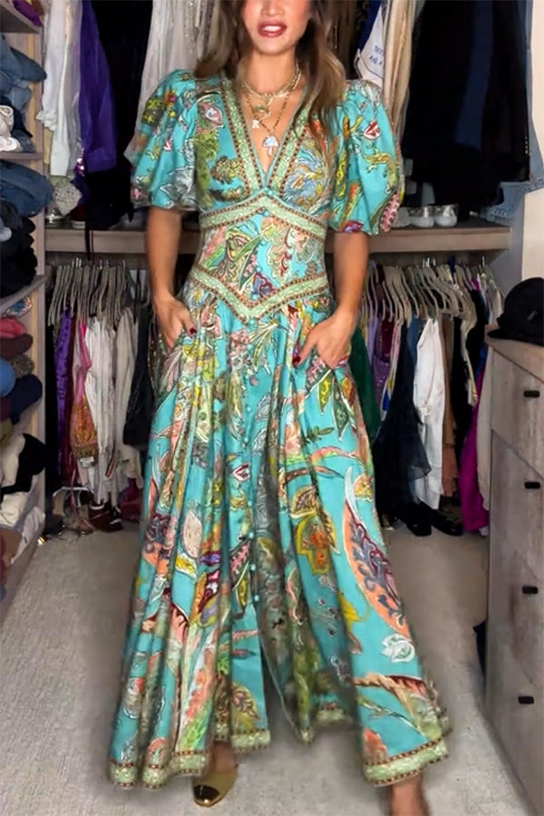 Amelia | Airy Maxi Dress with Puff Sleeves & V-Neck