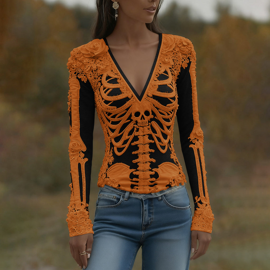 Women's Halloween Skeleton Bones With Roses And Skull Art Casual Long Sleeve V Neck T-shirt
