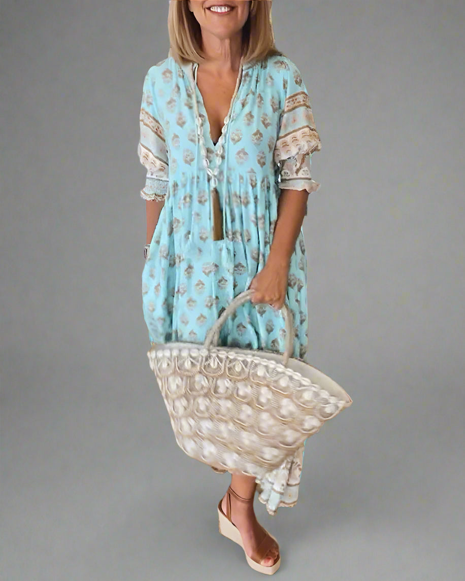 Friederike | Midi Dress with V-Neck and Elegant Puff Sleeves