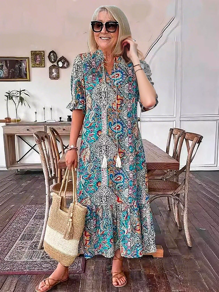 Mevelyn - Bohemian Paisley Tassel Tie Dress