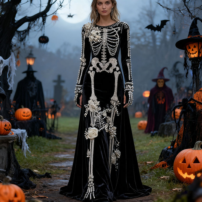 Women's Halloween Skull Floral Velvet Crew Neck Maxi Dress