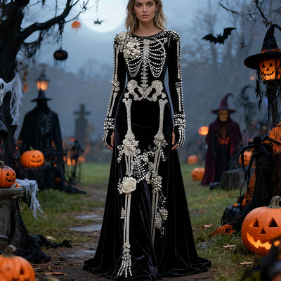Women's Halloween Skull Floral Velvet Crew Neck Maxi Dress