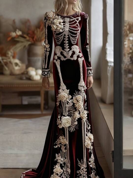 Women's Halloween Retro Anatomy Art And Flower Gothic Velvet Long Dress
