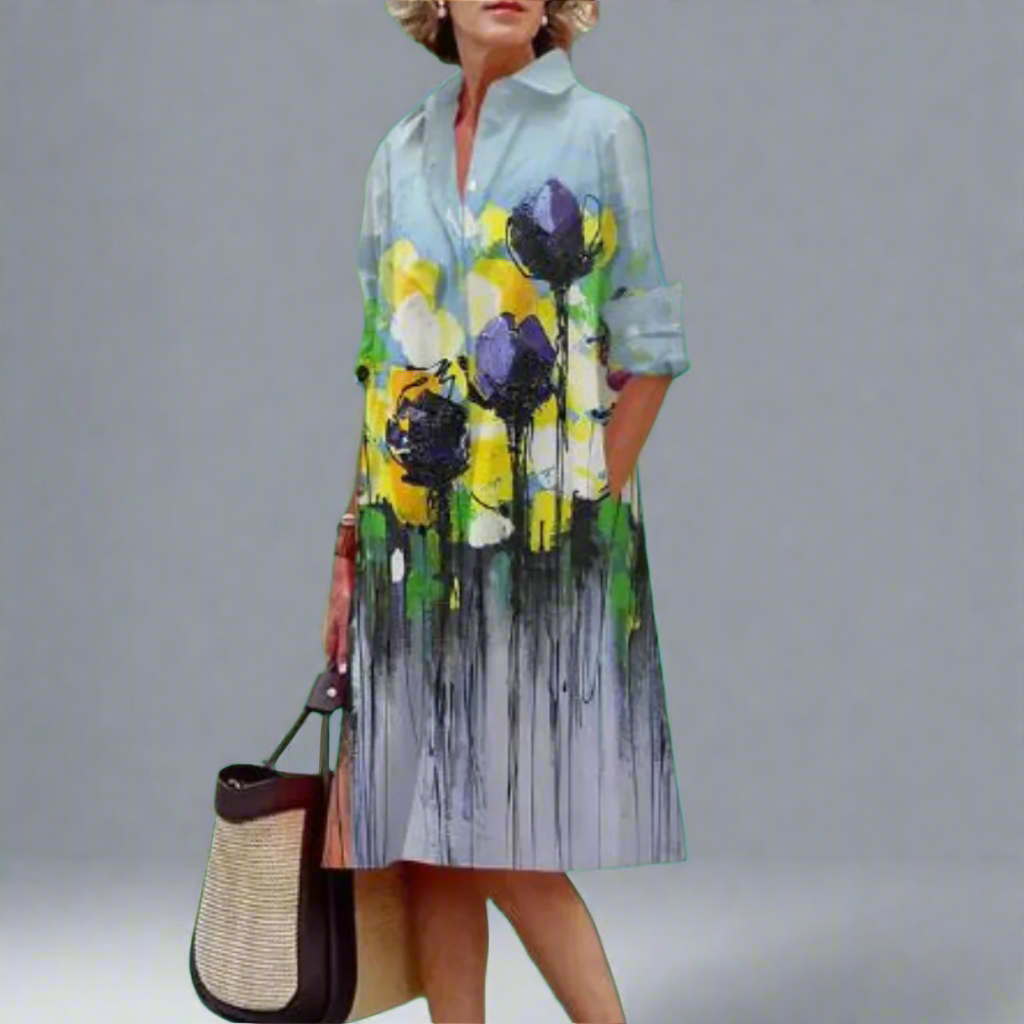 Rumi | Elegant Floral Midi Dress with Long Sleeves and Lapel