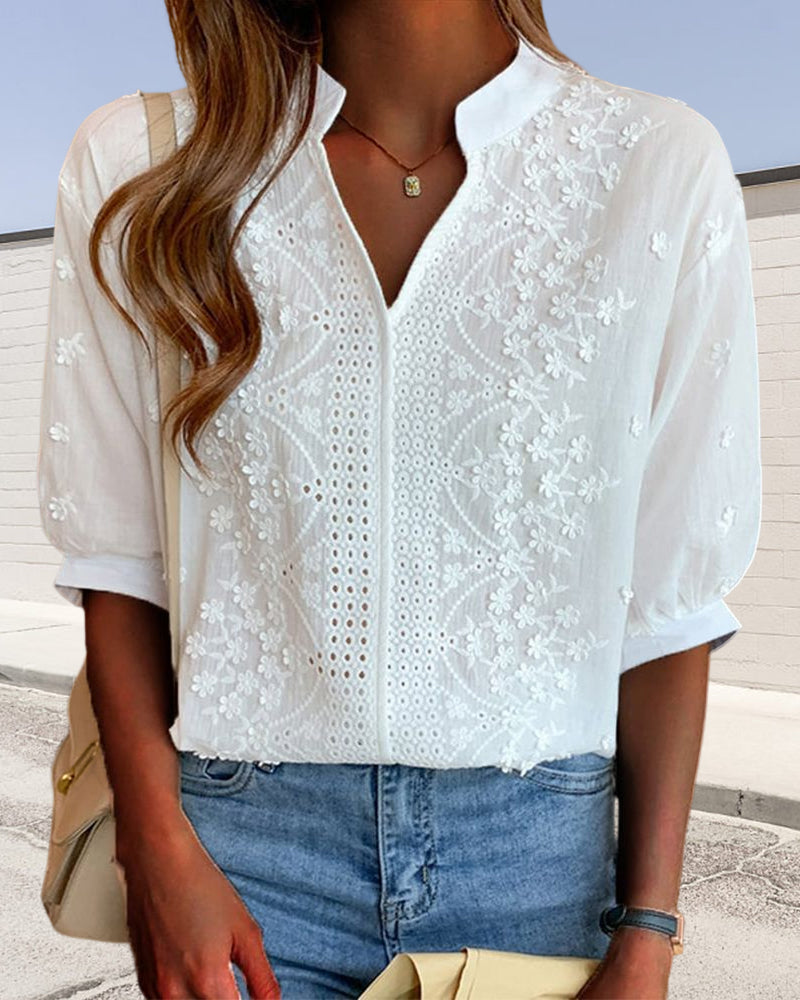 Blouse with V-Neck and Puff Sleeves and Lace Trim