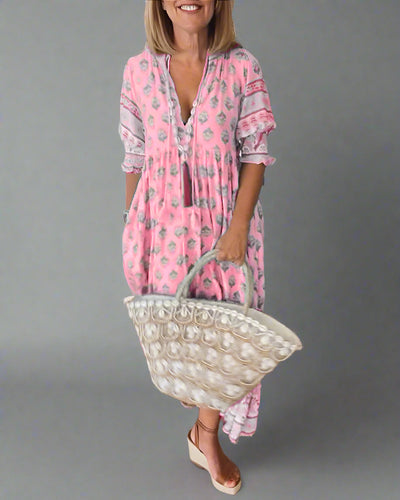 Friederike | Midi Dress with V-Neck and Elegant Puff Sleeves