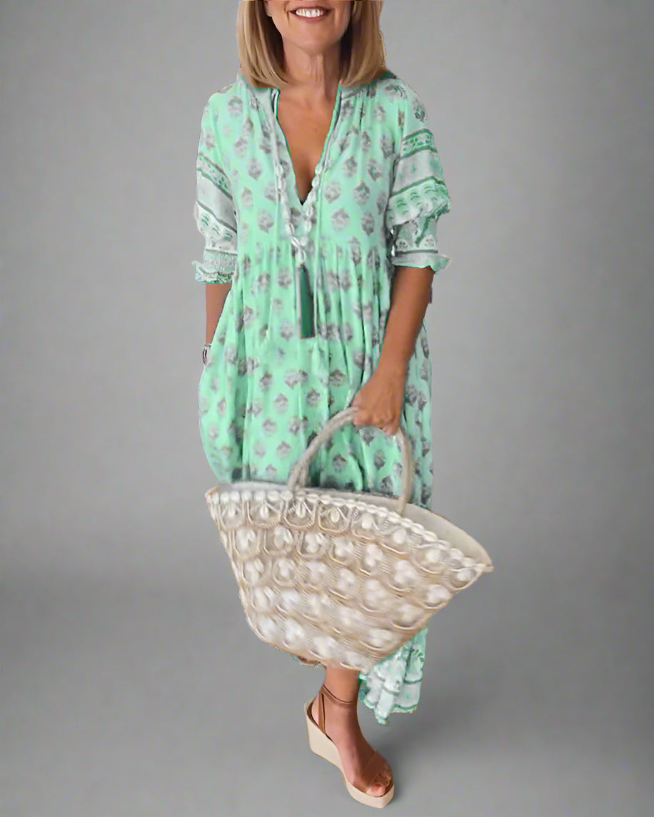 Friederike | Midi Dress with V-Neck and Elegant Puff Sleeves