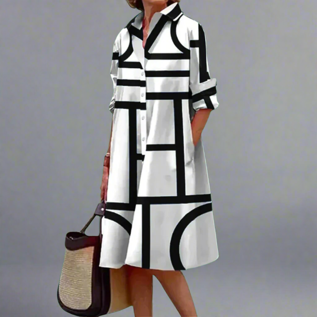 Elowen - Elegant Geometric Stripe Midi Dress