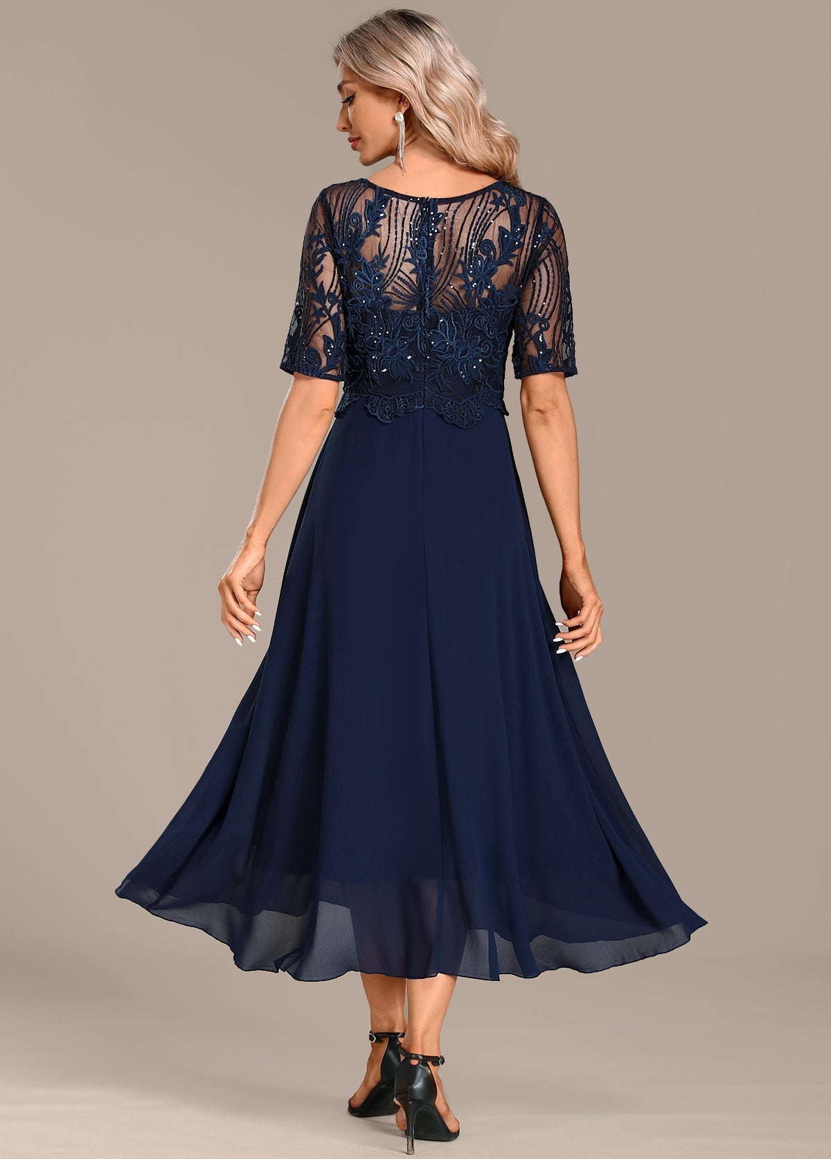 Hazel Navy Lace Short Sleeve Round Neck Dress
