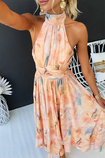 Halter - Neck Open Back Waisted Watercolor Print Maxi Dress