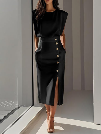 Malene™ | Solid Midi Dress with Button Slit and Round Neckline
