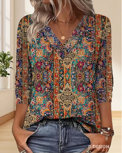 Retro Printed Blouse V-Neck