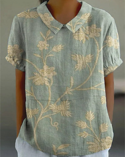 Beatrix - Retro Floral Cotton-Linen Shirt