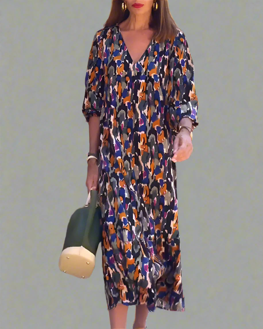 Walburga | Retro Maxi Dress with V-Neck and Elegant Comfort