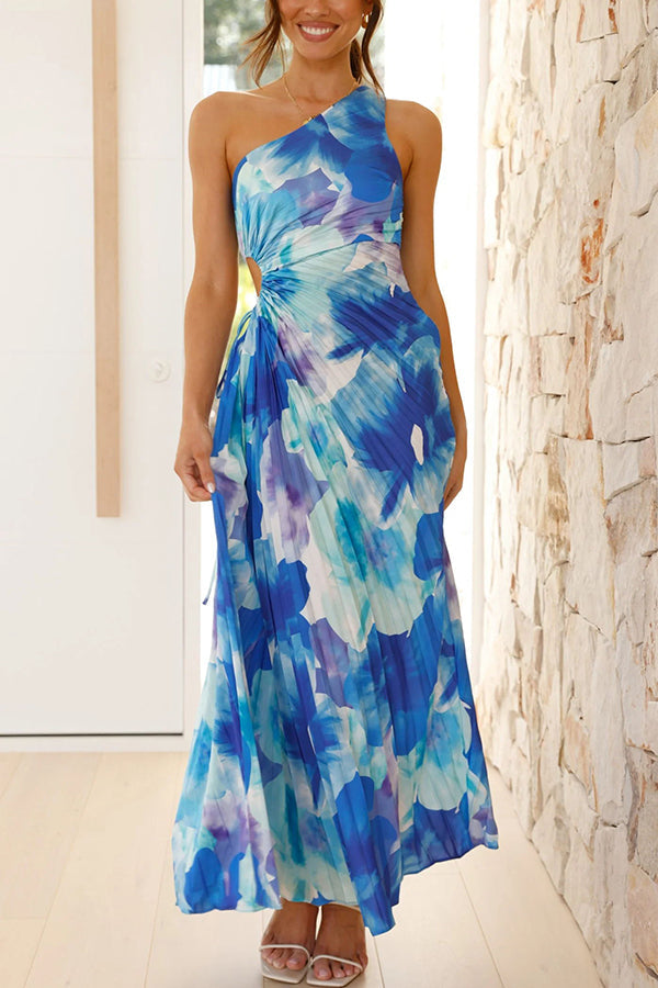 Deja -  Floral Print One Shoulder Pleated Maxi Dress