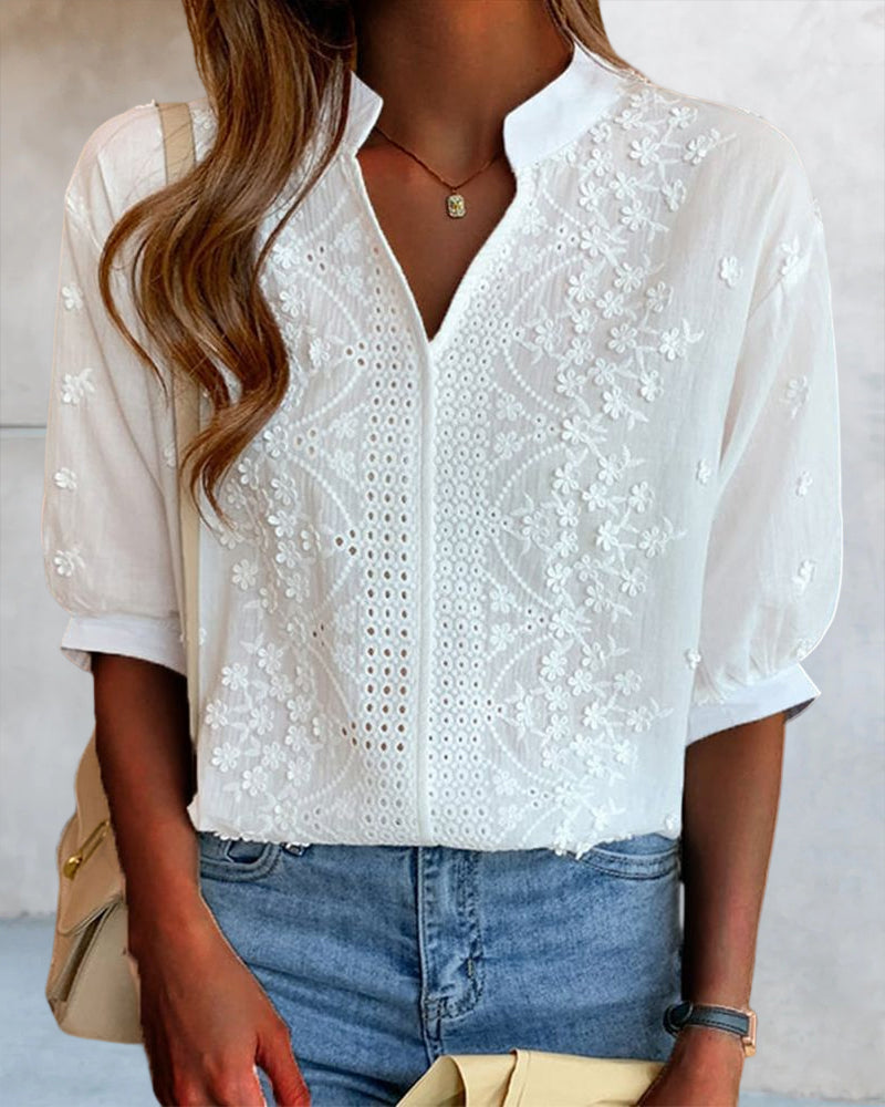 Blouse with V-Neck and Puff Sleeves and Lace Trim