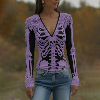 Women's Halloween Skeleton Bones With Roses And Skull Art Casual Long Sleeve V Neck T-shirt