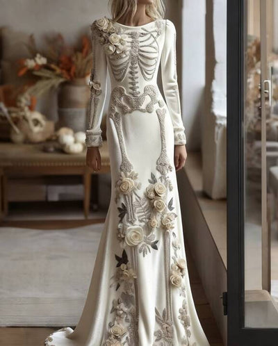 Women's Halloween Retro Anatomy Art And Flower Gothic Velvet Long Dress