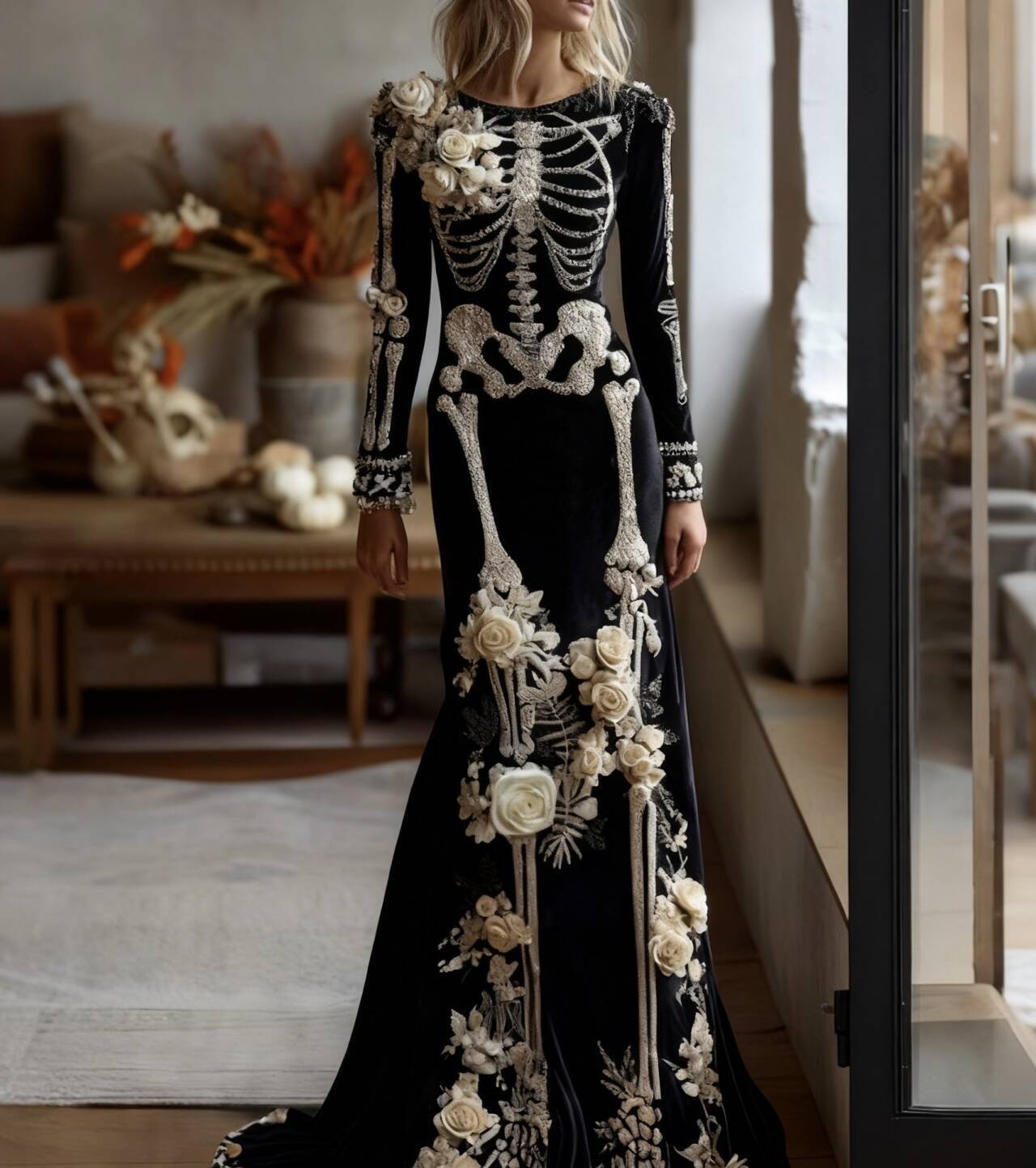 Women's Halloween Retro Anatomy Art And Flower Gothic Velvet Long Dress