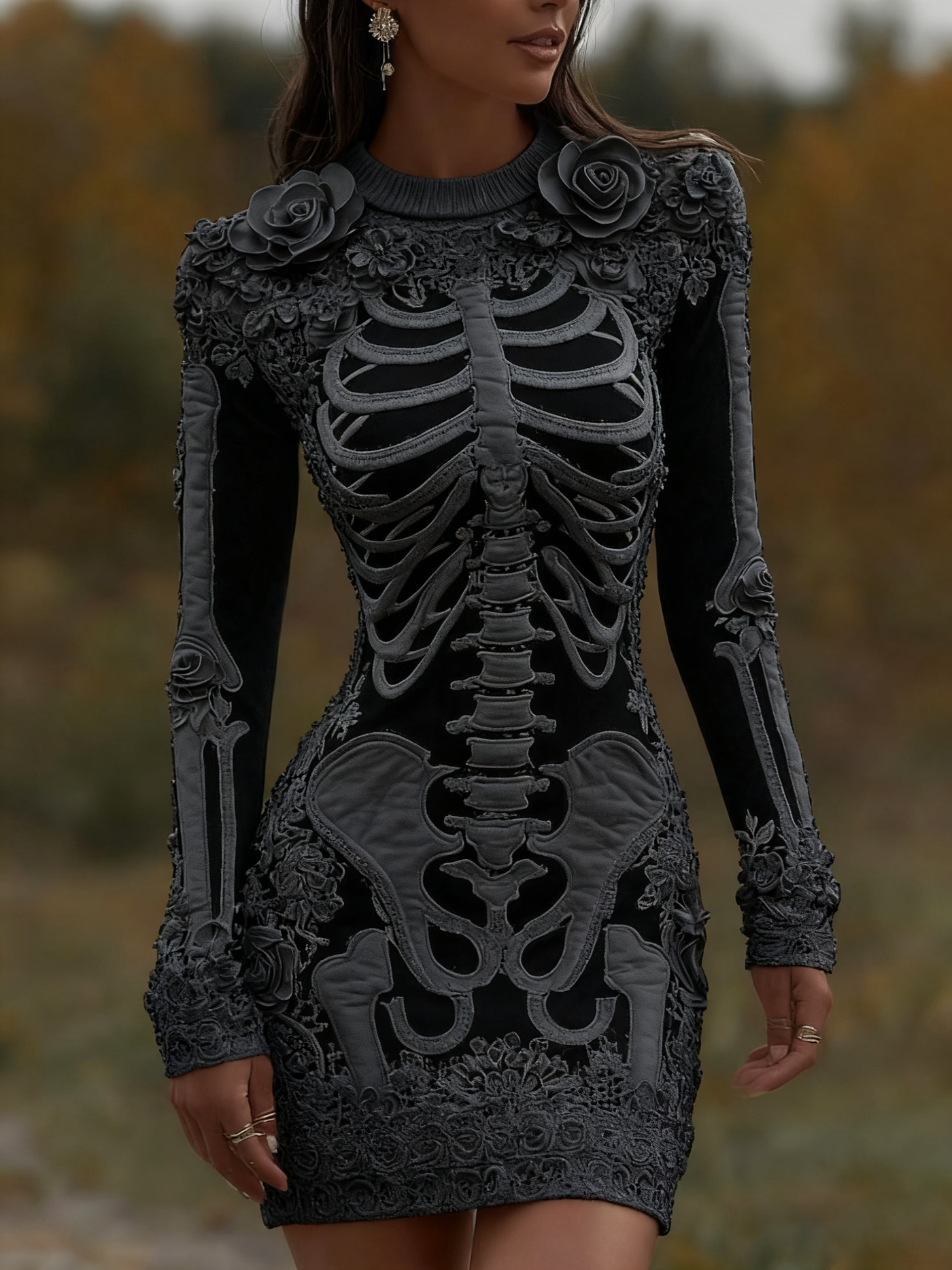 Women's Vintage Halloween Skeleton Bones With Rose Artcozy Knit Mini Sweater Dress