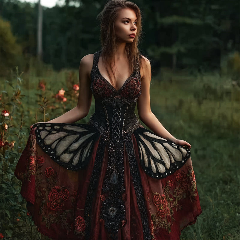 Vintage Mystical Butterfly & Roses Glitter Flowy Wide Skirted Dress