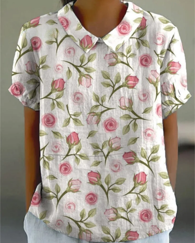 Beatrix - Retro Floral Cotton-Linen Shirt