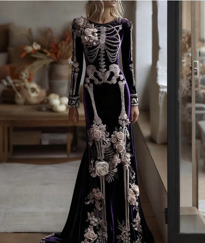 Women's Halloween Retro Anatomy Art And Flower Gothic Velvet Long Dress