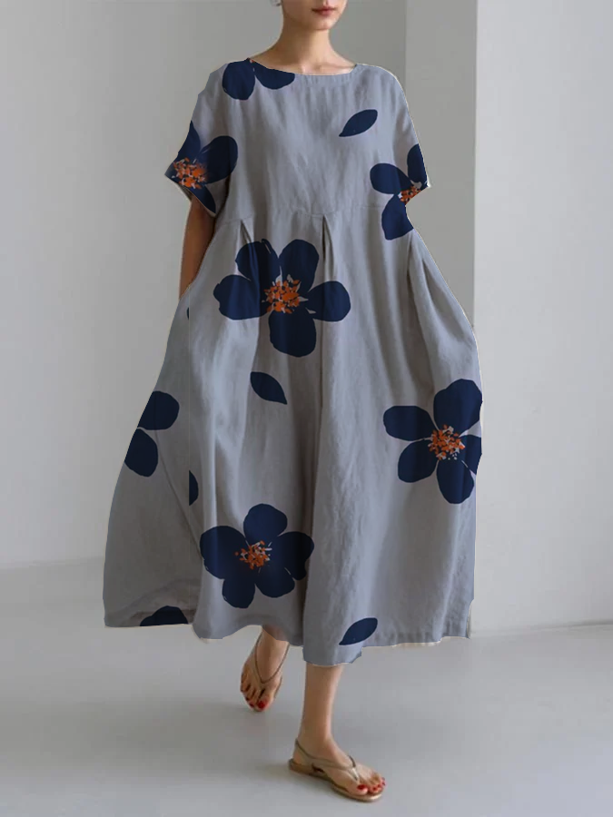 Fauna - Elegant Floral Print Round Neck Dress