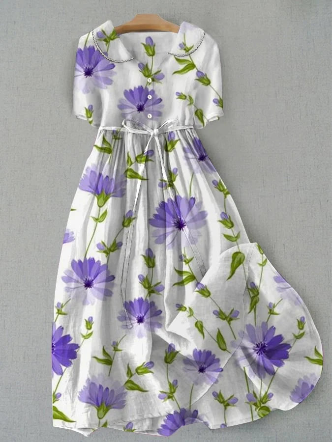 Sage - Retro Lace-Up Waist Half Sleeve Floral Dress