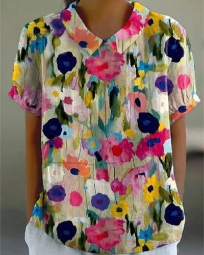 Beatrix - Retro Floral Cotton-Linen Shirt