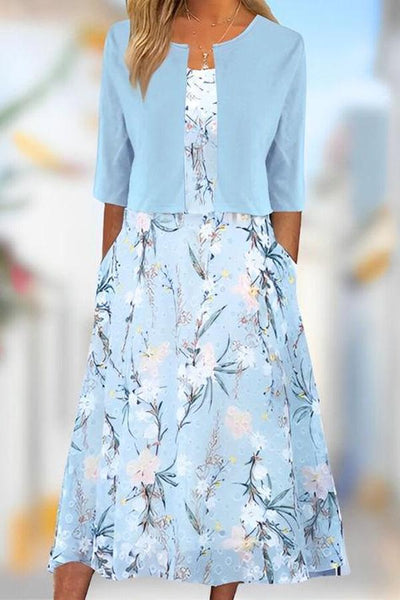 Unique Blue Plant Print Midi Dress With Jacket