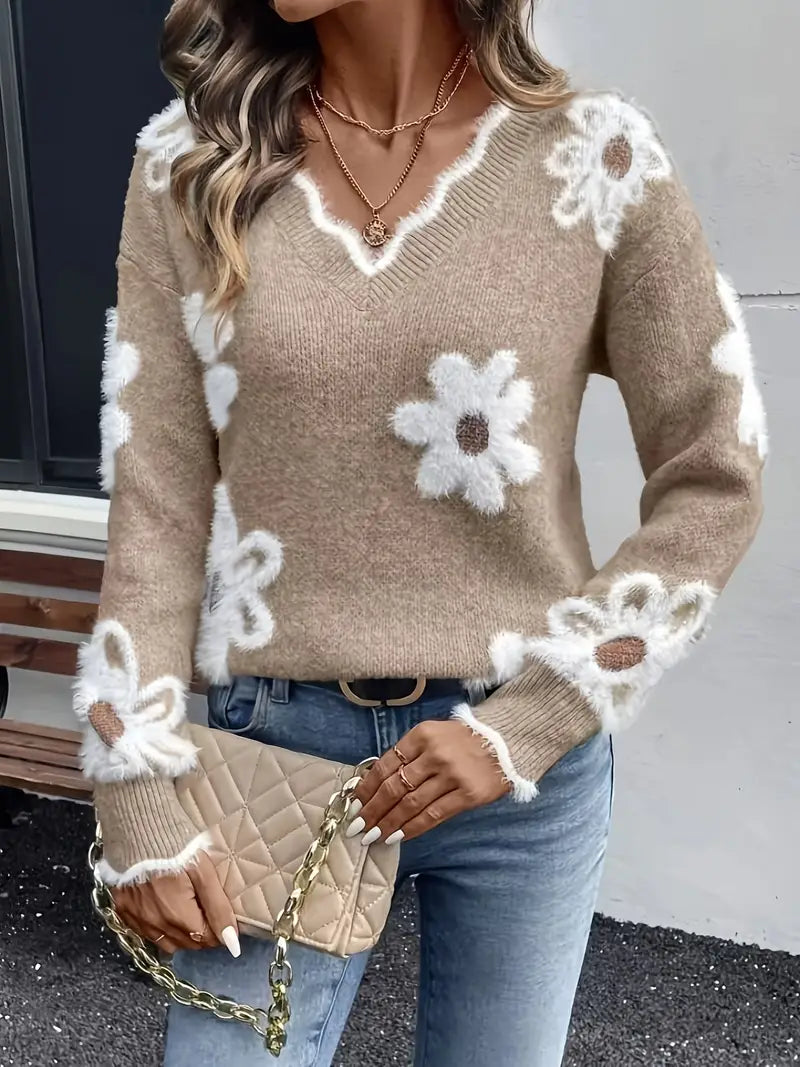 Melanira - Stylish V-Neck Floral Sweater