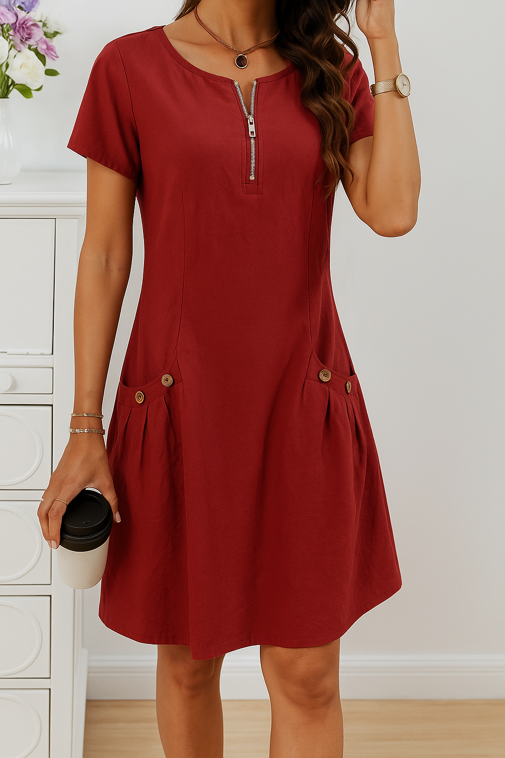 Rudina - Elegant Short Sleeve Cotton Dress With Pockets