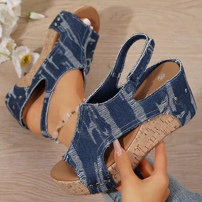 DenimLift - Women Cork Denim Wedge Sandals