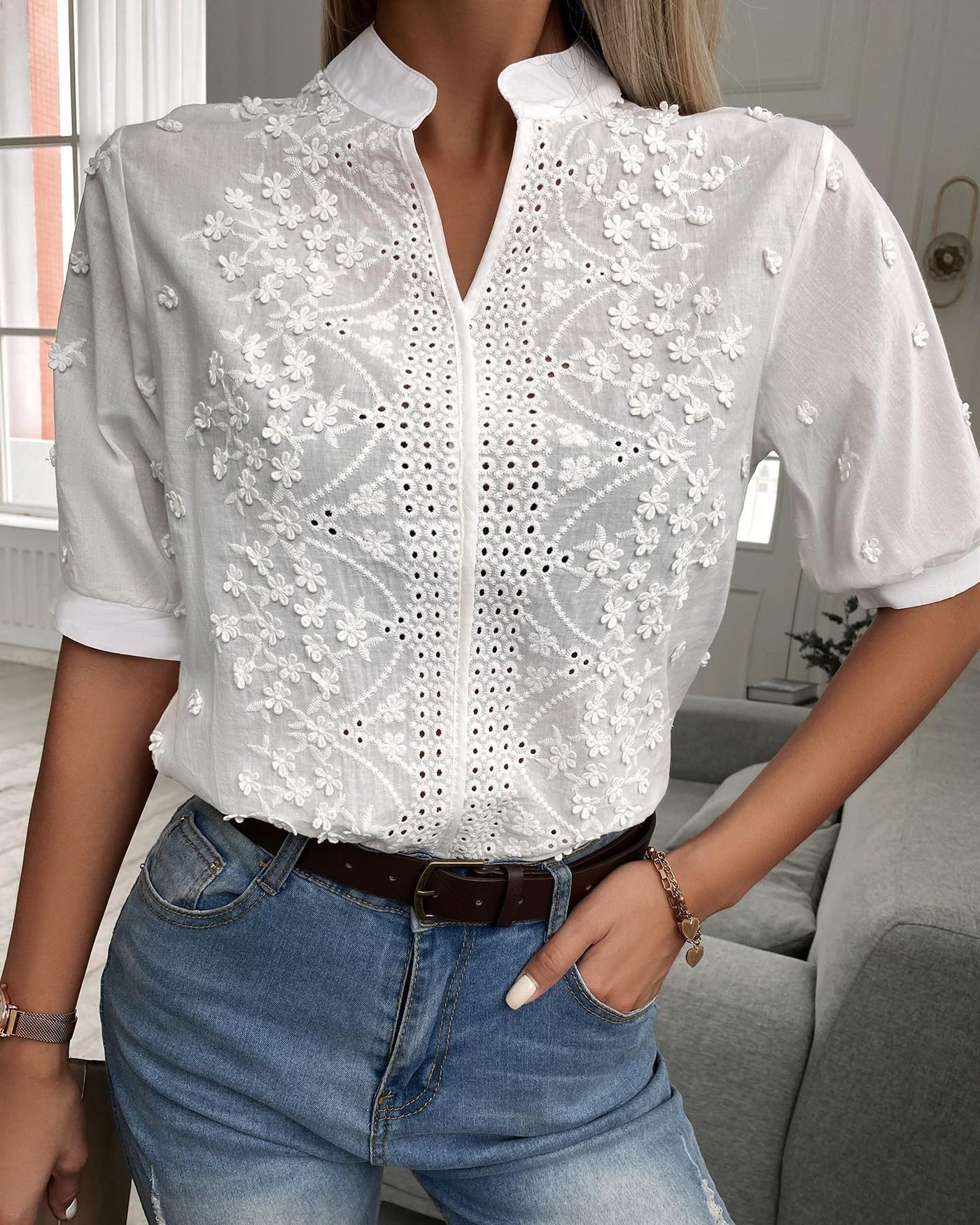 Enid – Embroidered Button-Front Blouse