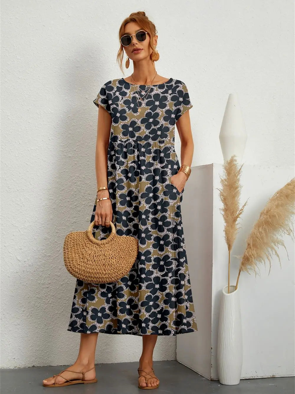 Hannah™ - Stylish O-neck Printed Dress with Pockets