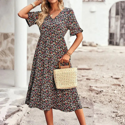 Layla™ - Elegant V Neck Printed Dress