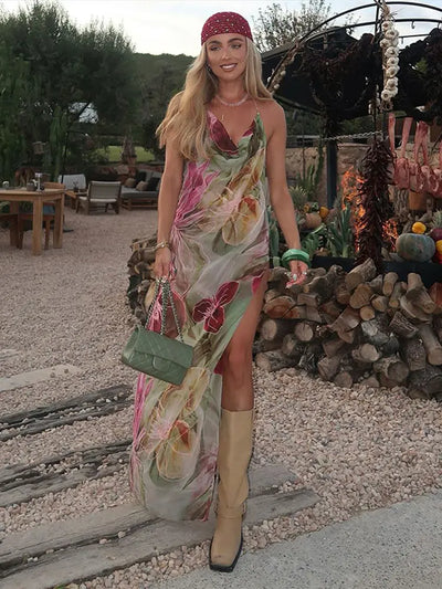 Alouette - Backless Floral Printed Side Slit Dress