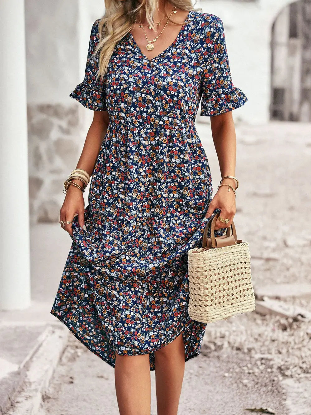 Layla™ - Elegant V Neck Printed Dress