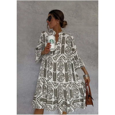 Adeline | Printed V-Neck A-Line Skirt Dress