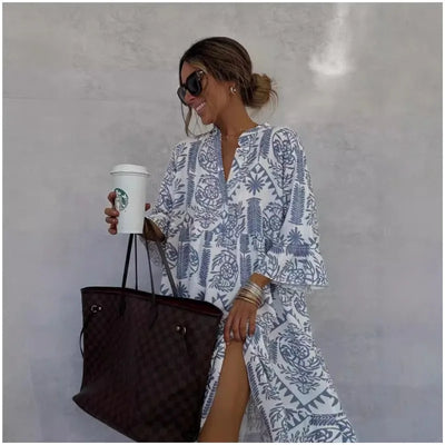 Adeline | Printed V-Neck A-Line Skirt Dress