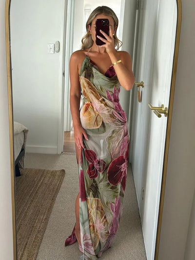 Alouette - Backless Floral Printed Side Slit Dress