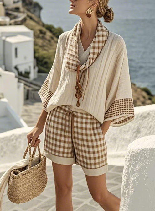 Short linen set with check pattern